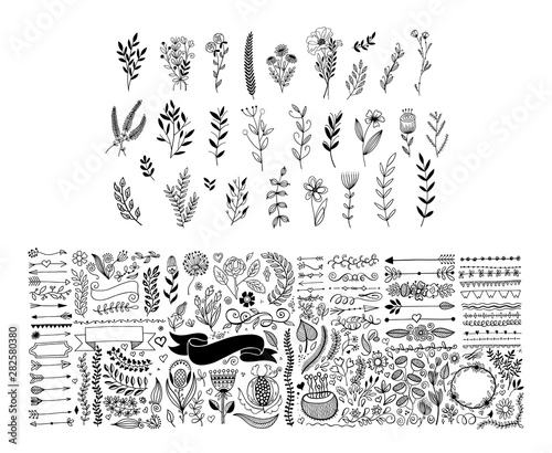 mega set of hand drawing page dividers borders and arrow, doodle floral design elements