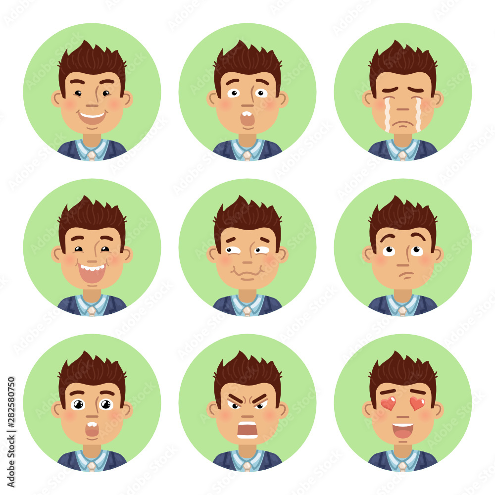 Set of businessman emoticons. Man avatars showing different emotions. Happy, smile, sad, cry, angry, love, surprised, upset, laugh and other facial expressions. Flat style vector illustration Set of businessman emoticons. Man avatars showing different emotions. Happy, smile, sad, cry, angry, love, surprised, upset, laugh and other facial expressions. Flat style vector illustration
