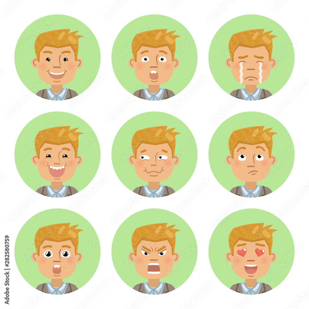 Set of businessman emoticons. Man avatars showing different emotions. Happy, smile, sad, cry, angry, love, surprised, upset, laugh and other facial expressions. Flat style vector illustration Set of businessman emoticons. Man avatars showing different emotions. Happy, smile, sad, cry, angry, love, surprised, upset, laugh and other facial expressions. Flat style vector illustration