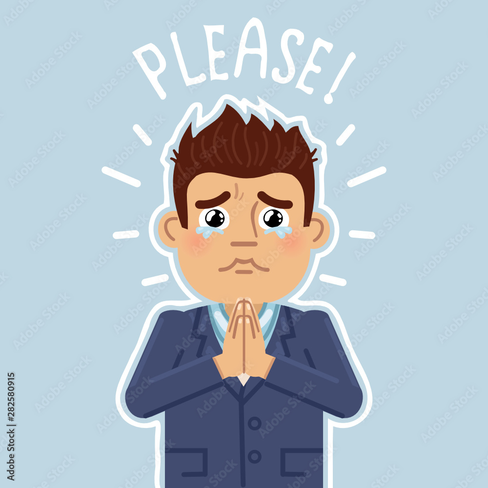 Vector illustration of a businessman making compassionate face. Businessman begging. Businessman showing super cute face. Flat style vector illustration Vector illustration of a businessman making compassionate face. Businessman begging. Businessman showing super cute face. Flat style vector illustration