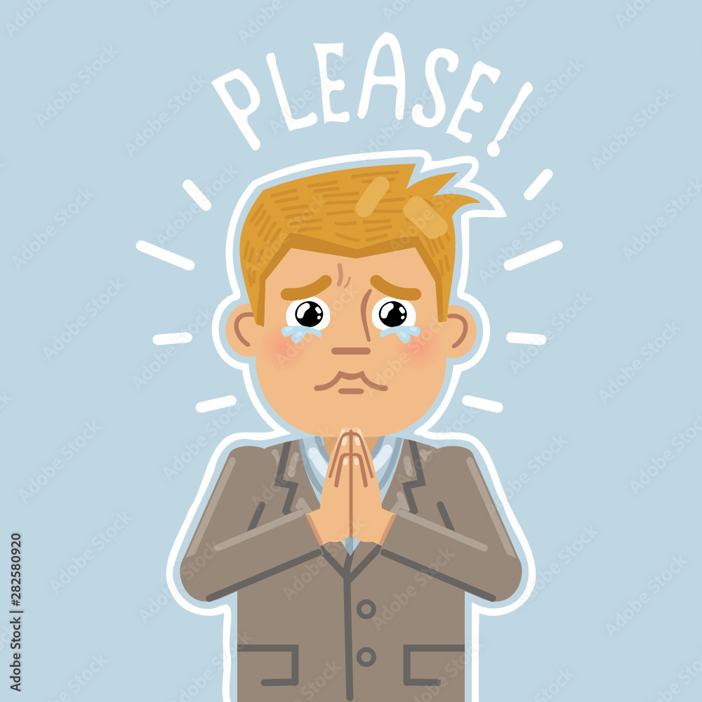 Vector illustration of a businessman making compassionate face. Businessman begging. Businessman showing super cute face. Flat style vector illustration