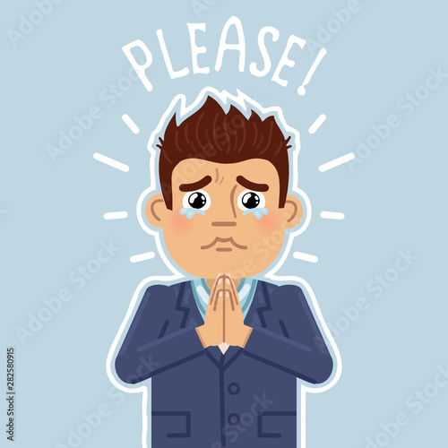 Vector illustration of a businessman making compassionate face. Businessman begging. Businessman showing super cute face. Flat style vector illustration