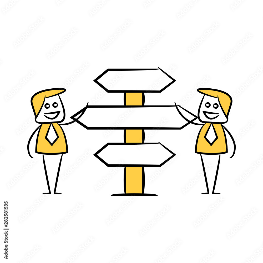 businessman and blank signage or signpost yellow stick figure theme businessman and blank signage or signpost yellow stick figure theme