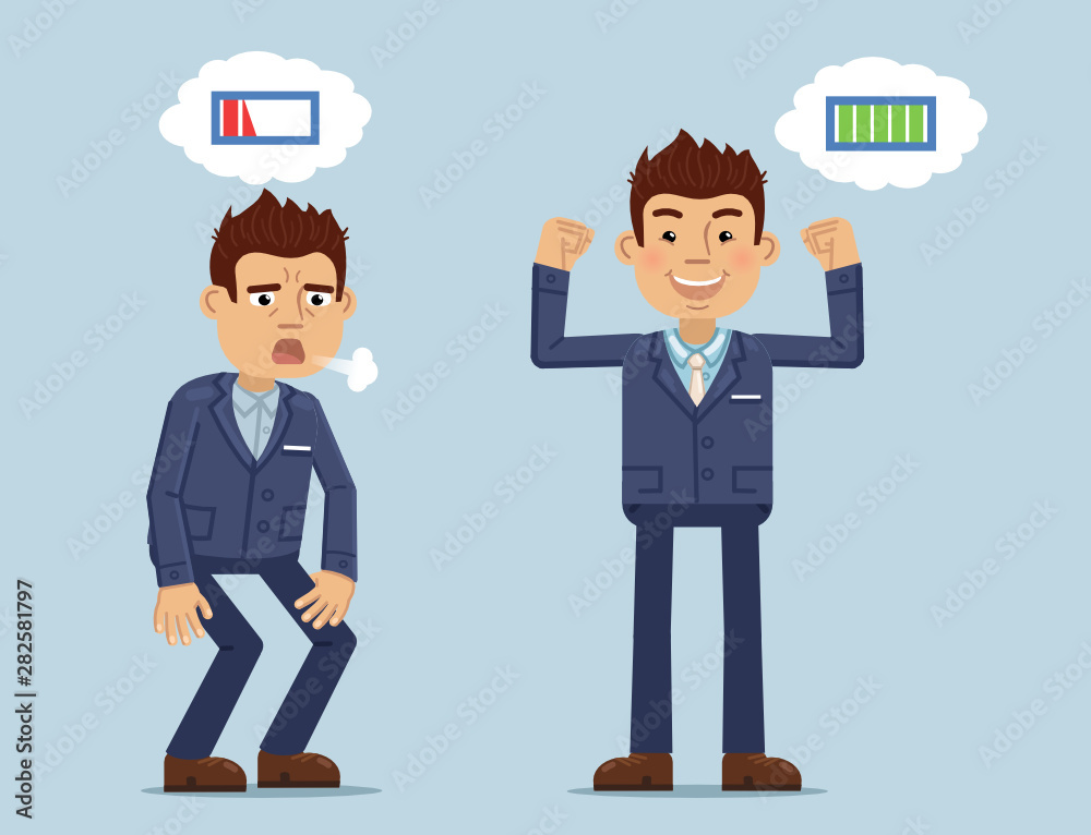 Vector illustration of two businessman showing different energy levels. Cheerful businessman full of energy. Tired, exhausted man. Simple style vector illustration Vector illustration of two businessman showing different energy levels. Cheerful businessman full of energy. Tired, exhausted man. Simple style vector illustration