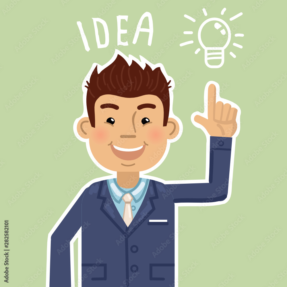 Illustration of a cheerful businessman pointing up at idea light bulb. Emoticon, happy face, emoji. Idea, creativity concept. Flat style vector illustration Illustration of a cheerful businessman pointing up at idea light bulb. Emoticon, happy face, emoji. Idea, creativity concept. Flat style vector illustration