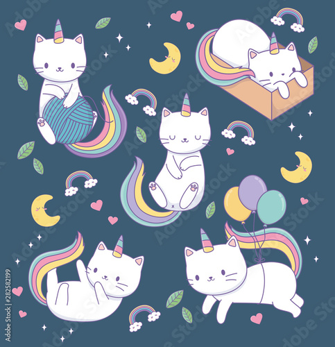 cute cats with rainbow tails kawaii characters