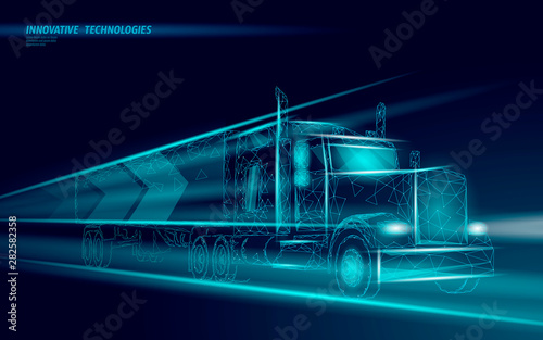 Low poly transport abstract truck. Lorry van fast delivery shipping logistic. Polygonal dark blue speed highway industry international transportation traffic vector illustration