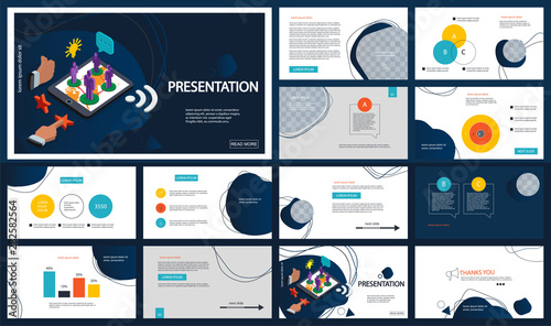 Presentation template, liquid forms. Isometric elements for slide presentations on a white and blue background. Flyer, brochure, corporate report, marketing, advertising, annual report, banner