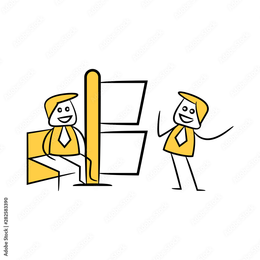 businessman and blank signage or signpost yellow stick figure theme