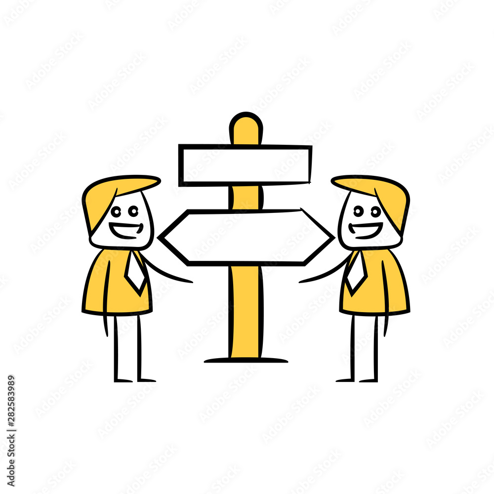 businessman and blank signage or signpost yellow stick figure theme businessman and blank signage or signpost yellow stick figure theme