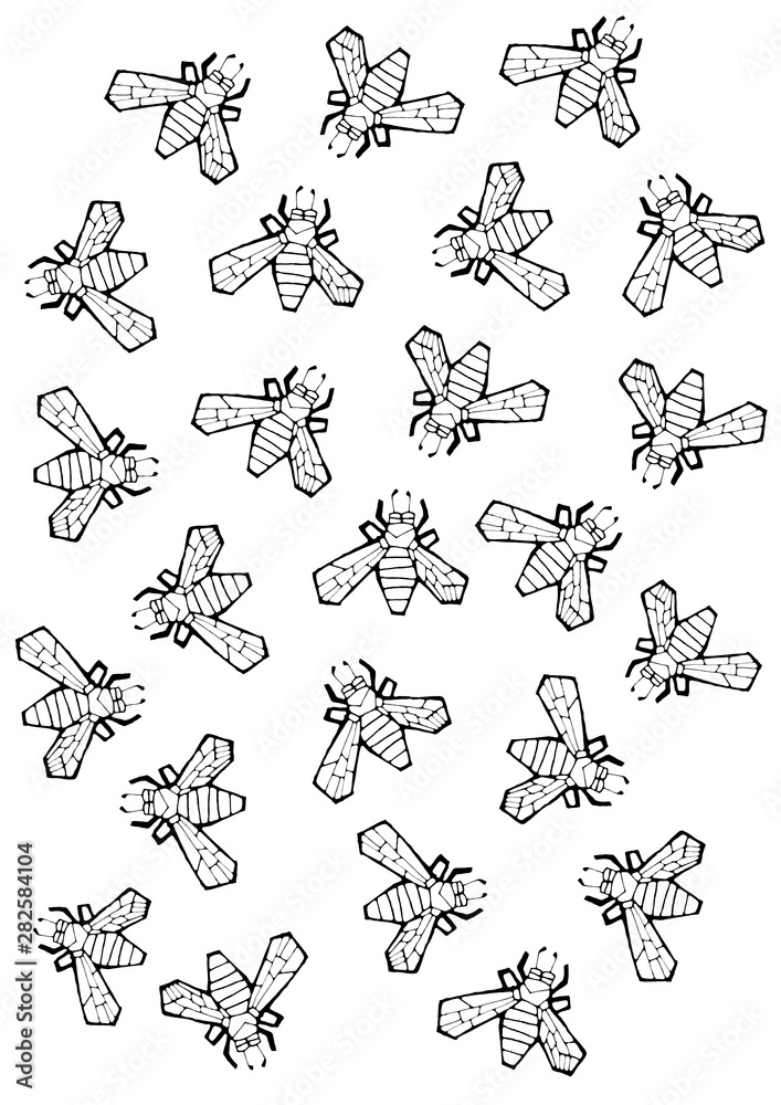 Set of flies, beetles, bees, wasps. Hand illustration. Coloring. BLACK outline drawing. Design of print, wallpaper, fabric. Set of flies, beetles, bees, wasps. Hand illustration. Coloring. BLACK outline drawing. Design of print, wallpaper, fabric.