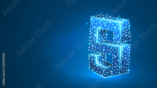 JS, Java Script coding language sign. Device, programming, developing concept. Abstract, digital, wireframe, low poly mesh, vector blue neon 3d illustration Triangle line dot