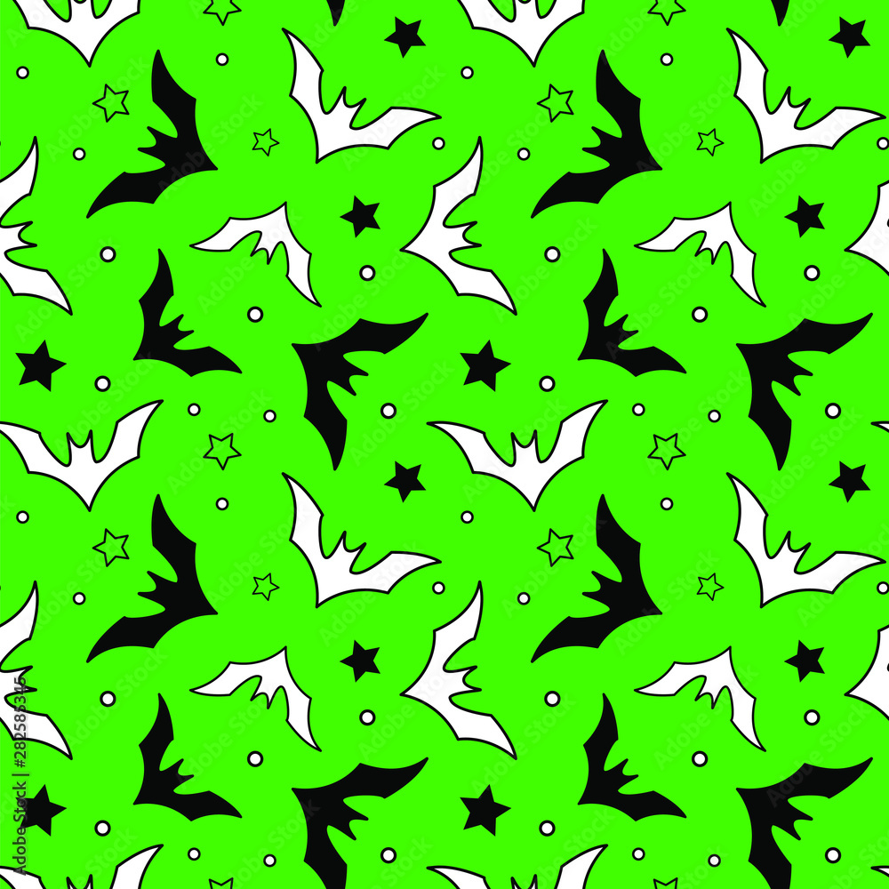 Vektorová grafika „Vector seamless Halloween pattern with black and white  bats on green background. Simple halloween design for gift box, greeting  card, wallpaper, fabric, web design.“ ze služby Stock | Adobe Stock