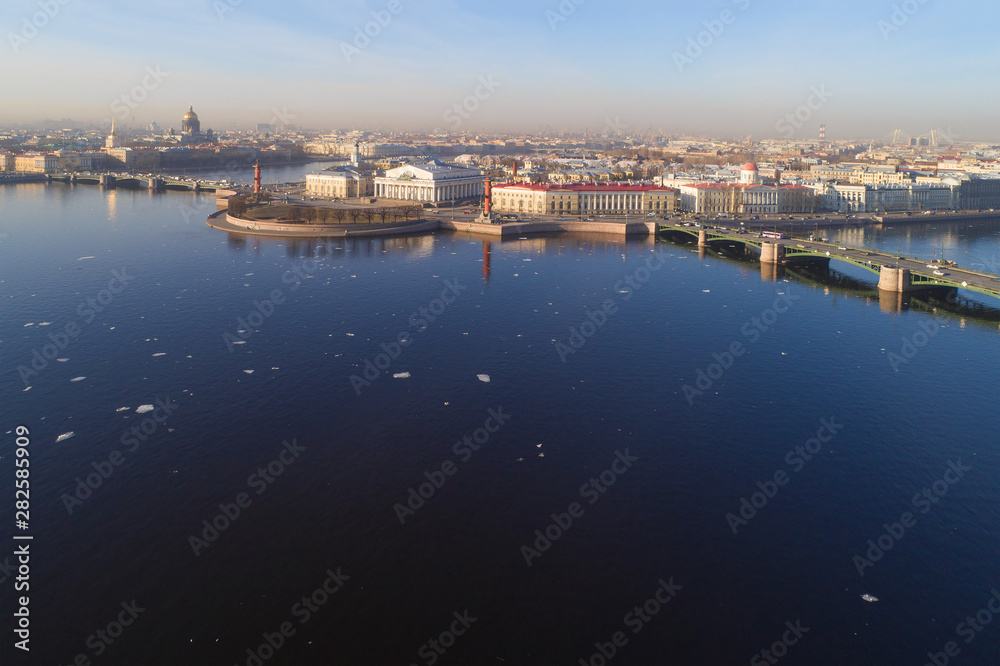 The Spit of Vasilyevsky Island in the morning landscape (aerial photography). Spring St. Petersburg, Russia