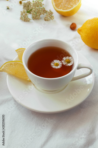 Tea with lemon and herbs. Summer or autumn still life with tea and daisies. Provence style