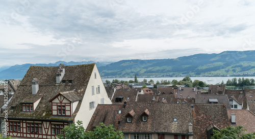 high angle view of the historic old town of Rapperswil with Lake Zurich behind