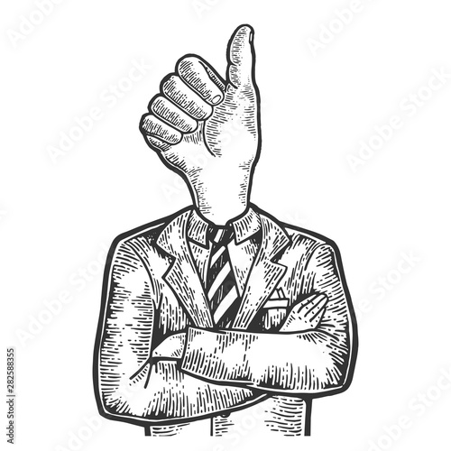 Businessman with thumb finger up hand gesture instead head sketch engraving vector illustration. Scratch board style imitation. Black and white hand drawn image.