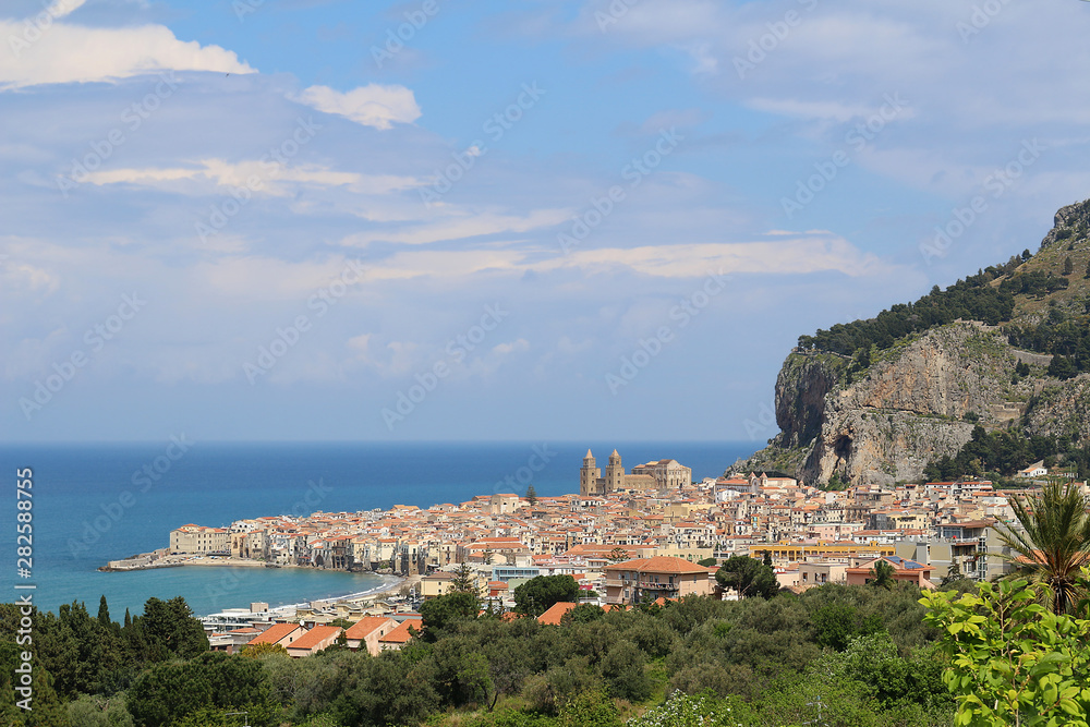 View at Cefalu at the base of 270m high limestone rock, Sicily