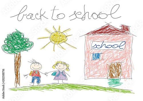 Back to school. Children in front of the school. Vector drawing made by a child.