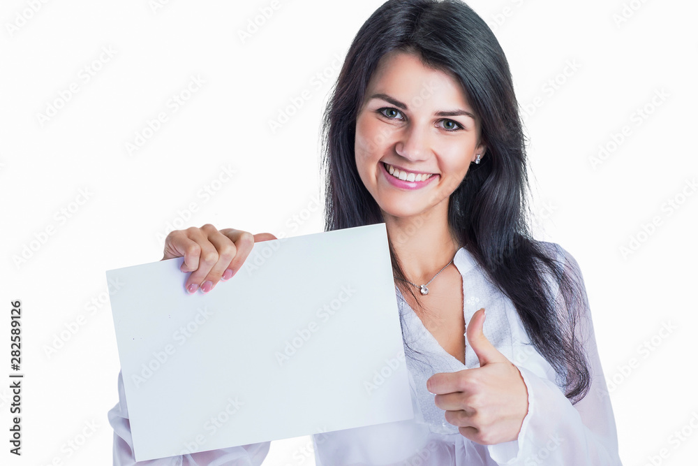 Young, attractive, successful business woman showing card and thumbs up Young, attractive, successful business woman showing card and thumbs up
