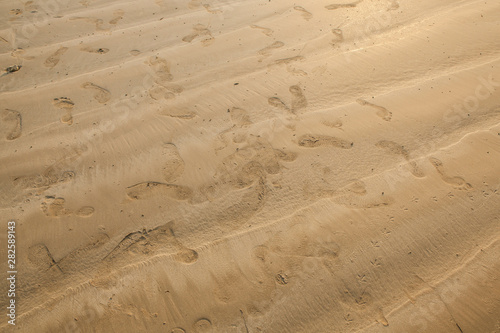 close up of footprints on the beach with golden sand