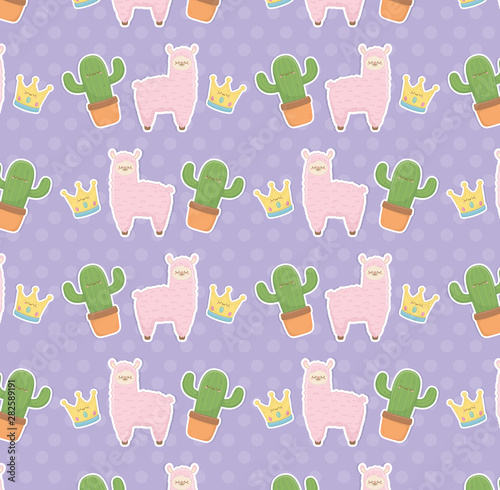 funny llama peruvian and cactus kawaii characters pattern