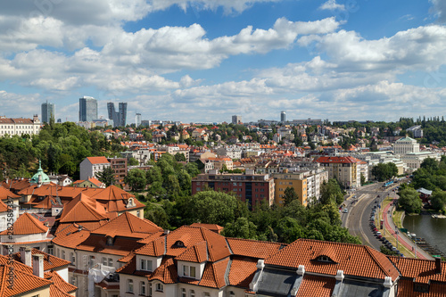 Podoli district south of the city centre in Prague, Czech Republic, viewed from above on a sunny day in the summer.