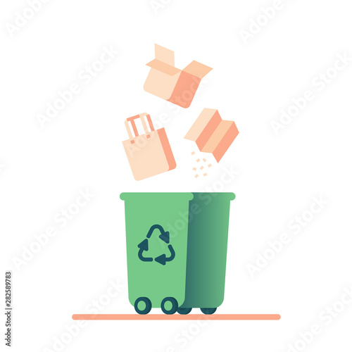 Recycling paper waste. Cardboard falls into a Green trash can with a recycle symbol. Flat vector ecology concept for landing page, template, ui, web.