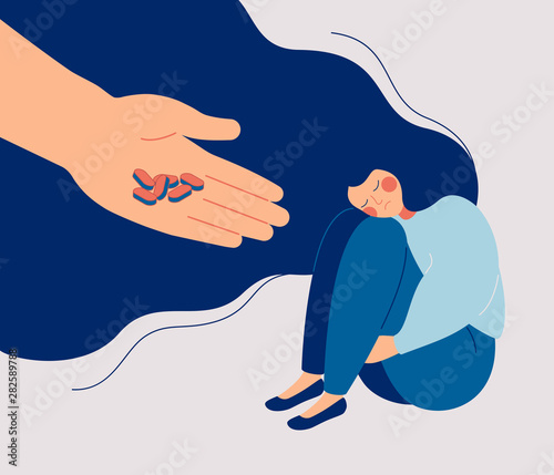 Antidepressant saving woman from depression. Apathetic sad girl sitting and hugging her knees. Concept of medication treating illness or disorder. Cartoon flat vector illustration.
