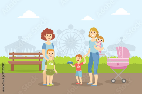 Mothers Walking with Their Kids in Amusement Park  Two Moms with Baby Carriage and Sons Resting on Nature Vector Illustration