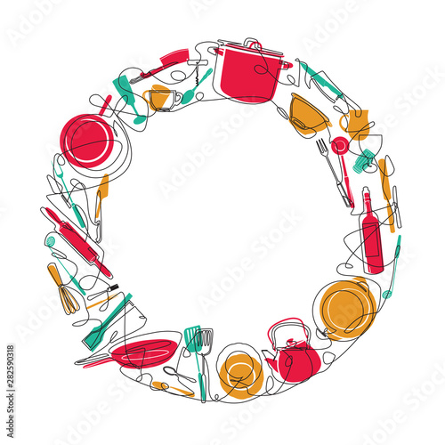  Cooking utensils in circle shape isolated on white. Kitchen background concept. Multicolored cutlery silhouettes template. Vector illustration.