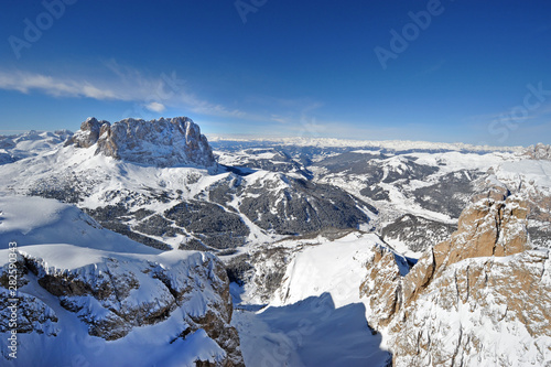 Snowy Val Gardena, Sassolungo, Top of Seceda, helicopter view