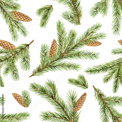 Watercolor vector Christmas seamless pattern with green fir branches and cones.