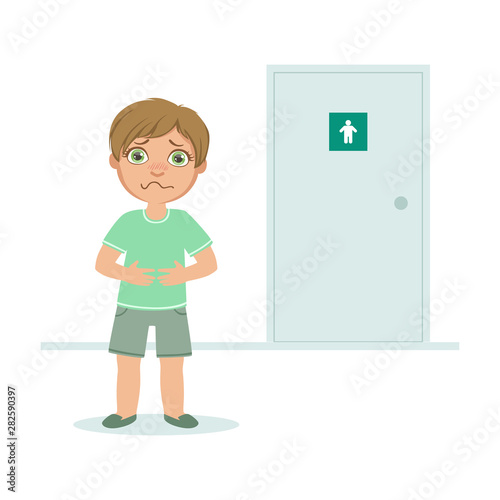 Boy with Full Bladder Wanting to Pee, Kid Standing in Front of WC Door Vector Illustration