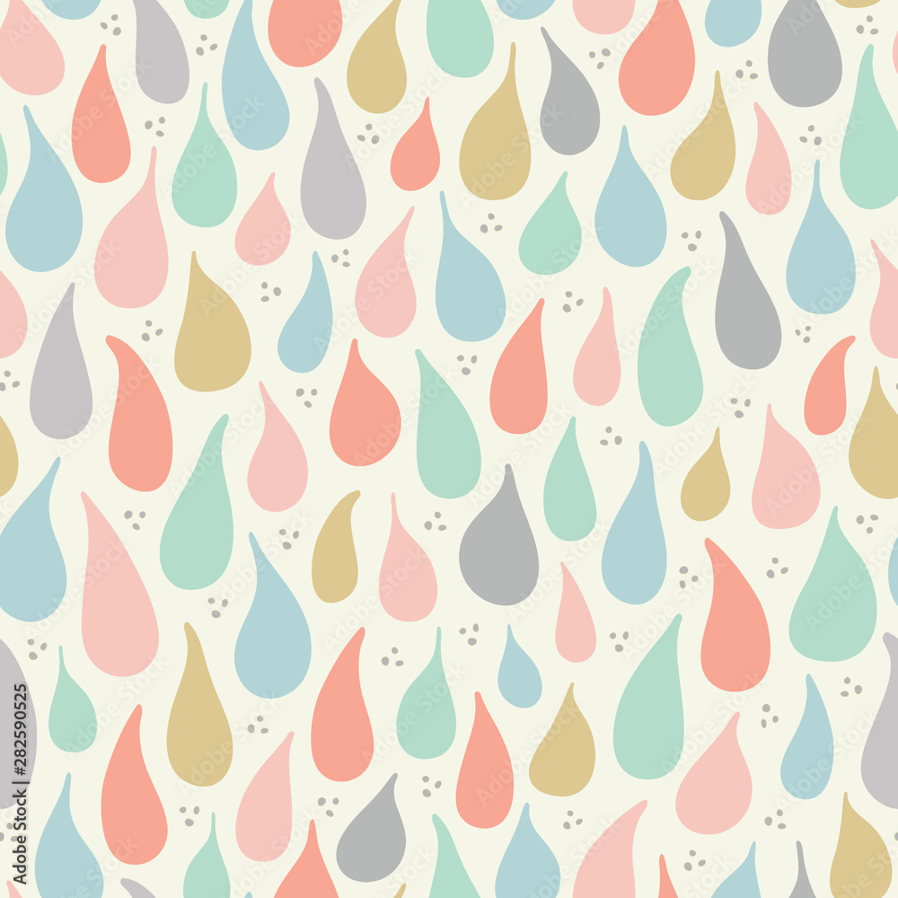 Seamless design of hand drawn pastel raindrops and dots . A cute weather vector repeat pattern ideal for children and baby projects. Seamless design of hand drawn pastel raindrops and dots . A cute weather vector repeat pattern ideal for children and baby projects.