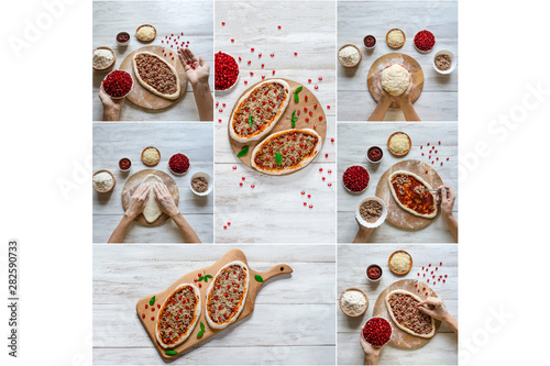 Collage with cooking pizza. Arabic oval pizza. © sablinstanislav