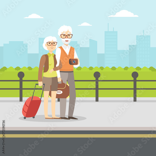 Senior Couple Waiting for Transport, Elderly Tourists Having Summer Vacation Vector Illustration