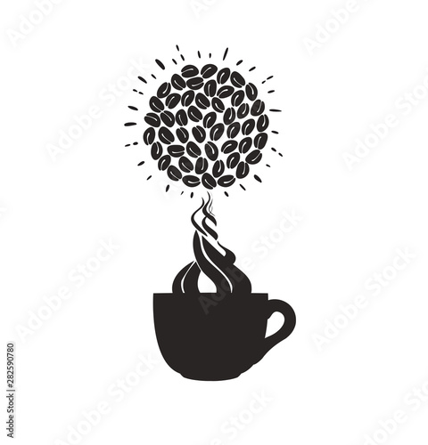 Coffee. Cup, Steam and Beans isolated on white Background. Vector illustration.