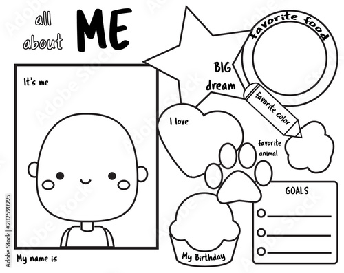 All about me. Writing prompt for kids blank. Educational children page.