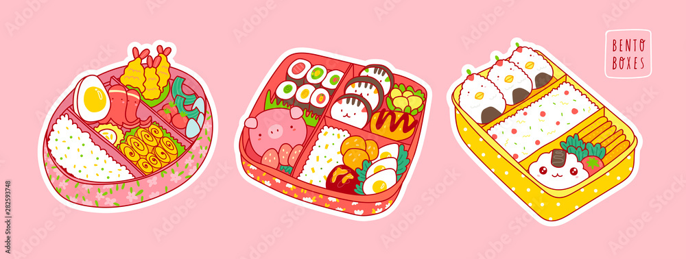 Hand drawn bento boxes. Japanese lunch box. Various traditional asian food.  Take-out or home-packed meal. Set of three colored trendy vector  illustrations. Kawaii anime design. Pre-made stickers Stock Vector