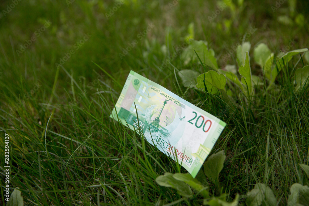 Banknote Two hundred russian rubles. Cash paper green money. with grass background