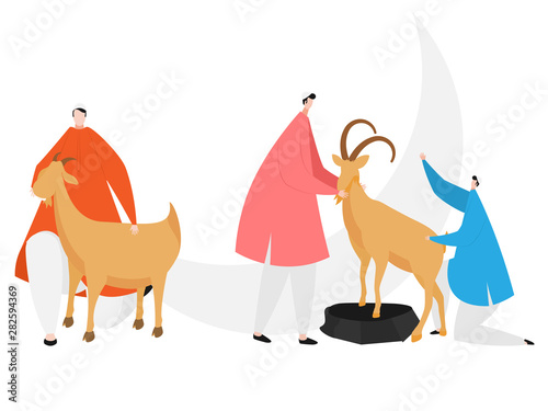 Illustration of muslim men sacrificing animals goat for Islamic festival of Eid-Al- Adha concept.