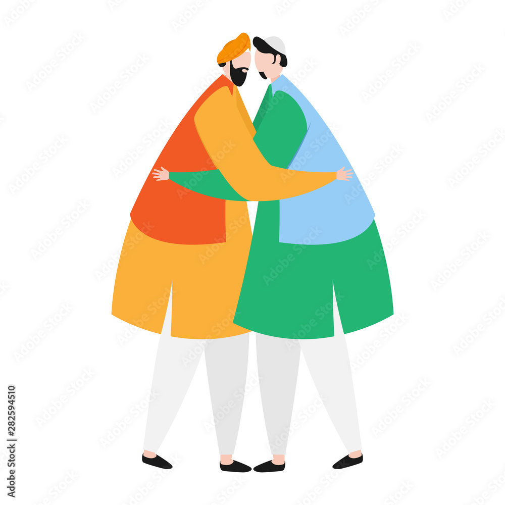 Character of punjabi man hugging to islamic man for Indian Independence Day concept.