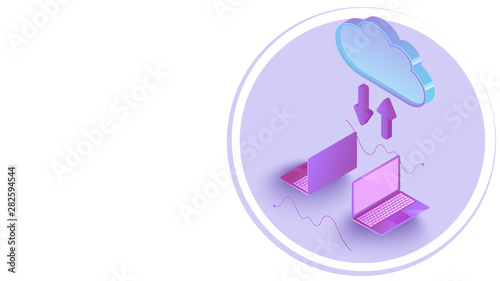 3D isometric illustration of laptop connected with cloud data server downloading and uploading for Data Management or Cloud Storage concept.