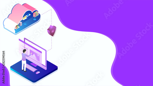 Cloud storage concept based design, 3d illustration of security shield between analysts analysis data on desktop and cloud server.