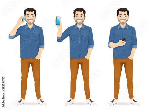 Man in casual outfit with phone isolated vector illustration