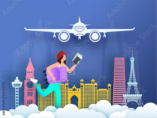 Creative poster or banner design with foreign country famous monument and illustration of tourist character on paper cut cloudy background for Time To Travel or vacation concept.