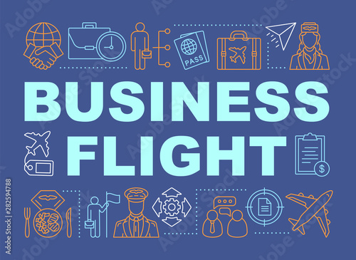 Business flight word concepts banner. International partnership. Airline travel class seating. Presentation, website. Isolated lettering typography idea with linear icons. Vector outline illustration