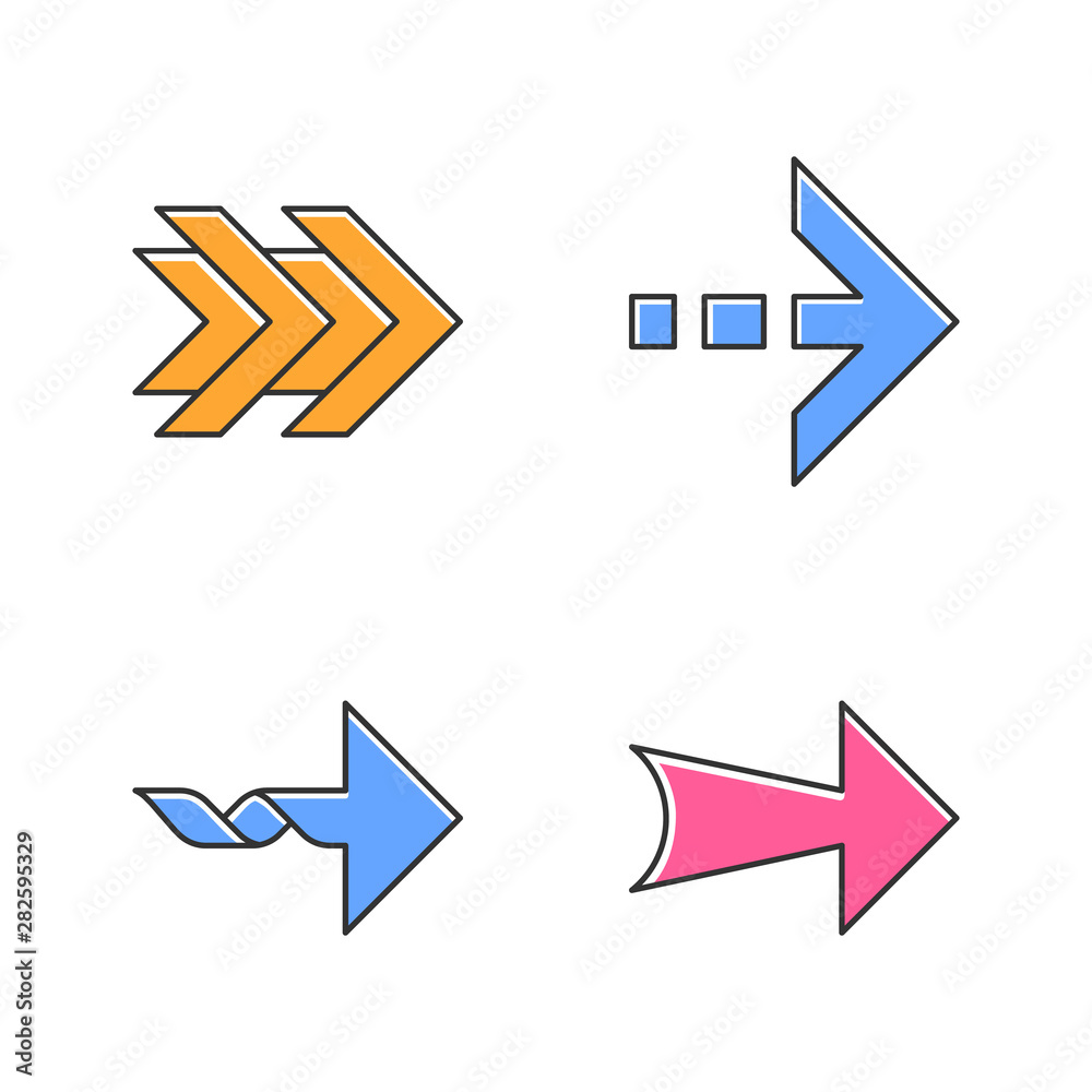 Arrows color icons set. Double, dotted, twisted, wide next arrows. Arrowhead showing right direction. Pointing symbol. Pointer, indicator. Direction move. Isolated vector illustrations Arrows color icons set. Double, dotted, twisted, wide next arrows. Arrowhead showing right direction. Pointing symbol. Pointer, indicator. Direction move. Isolated vector illustrations
