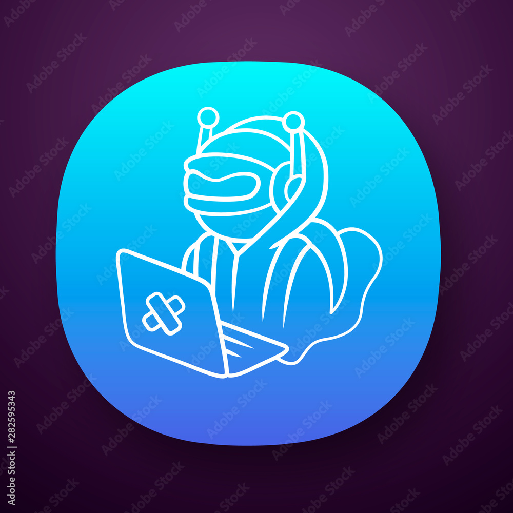 Hacker bot app icon. Virus robot. Cyber pirate attack, crime, cybercrime. Computer virus. Malicious software, AI. UI/UX user interface. Web or mobile application. Vector isolated illustration Hacker bot app icon. Virus robot. Cyber pirate attack, crime, cybercrime. Computer virus. Malicious software, AI. UI/UX user interface. Web or mobile application. Vector isolated illustration